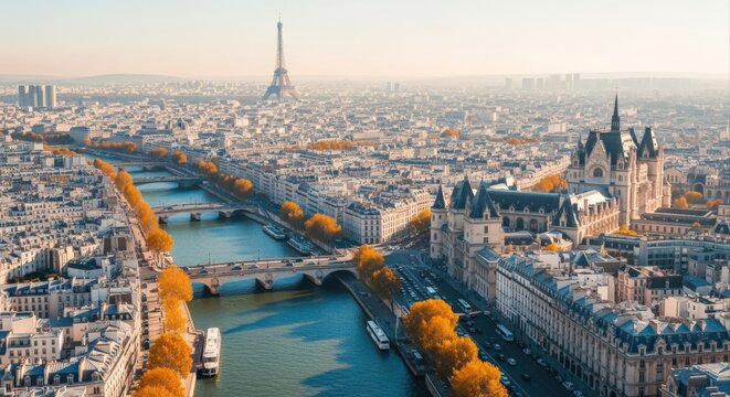 Panoramic aerial view of Paris cityscape with Seine River, bridges, and Eiffel Tower in autumn