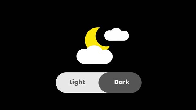 A weather app interface showing a toggle switch between light and dark mode with a night cloud and crescent moon icon on black background