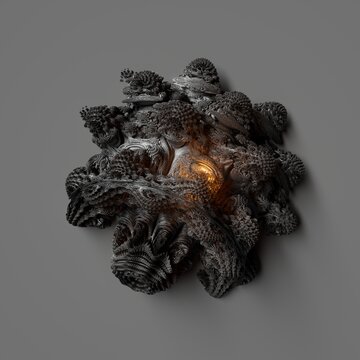 3D rendered fractal object with warm amber inner glow on neutral gray background. Complex organic mandelbulb structure with dark textured surface. Ideal for sci-fi and tech design.