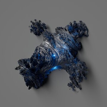 3D rendered fractal object in deep blue tones with glowing blue inner light on gray background. Flat organic spread form with intricate surface. Great for technology and science visuals.