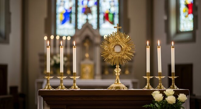 Blessed Sacrament Exposition With Candles and White Roses in Church