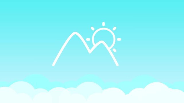 A clear daytime mountain weather scene with an outlined sun peeking behind snow capped peaks on a light blue gradient sky background