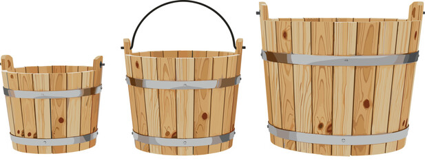 Wooden bucket collection set with rustic barrels and metal bands realistic vector illustration © Prodip