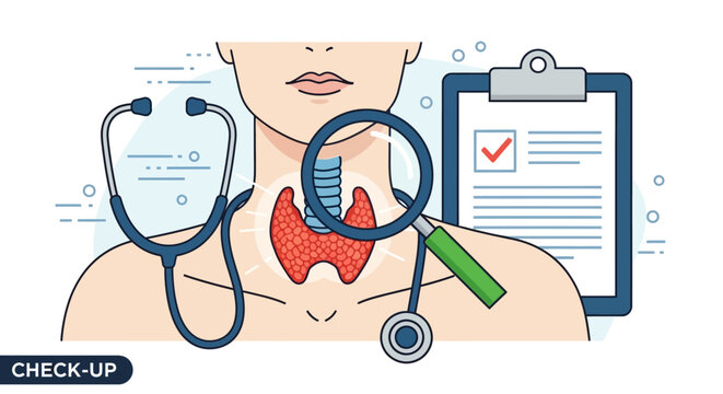 Thyroid gland with stethoscope and clipboard.