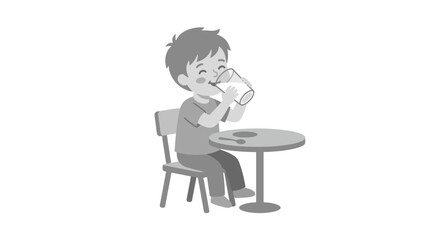 Fototapeta premium A boy sits at a table drinking from a glass happily alone indoors.
