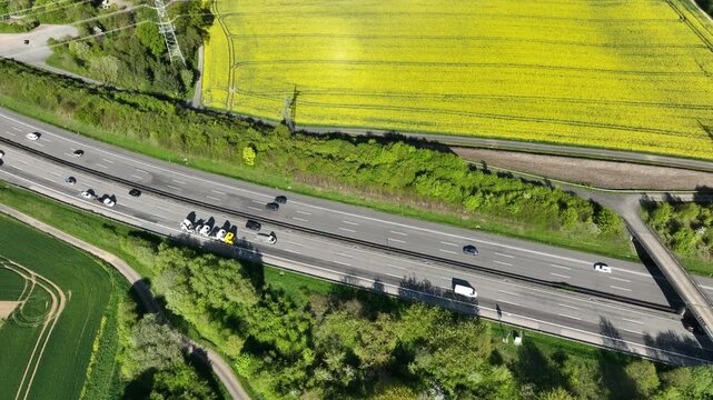 Idstein, Germany - April 23, 2026: Aerial view of dense traffic on German highway A3 between Bad Camberg and Idstein.