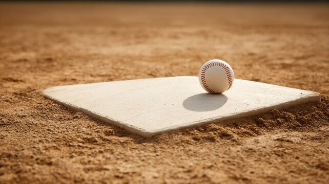 Close-up on a baseball resting on home plate on a dirt infield during a sunny game day