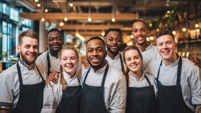 Diverse team of happy chefs and kitchen staff smiling together in a modern restaurant