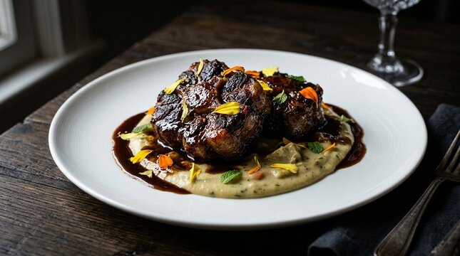 Oxtail Seared To A Perfect Crust With Rendering Fat Paired With A Smooth Artichoke Barigoule - Gourmet Culinary Stock Photo