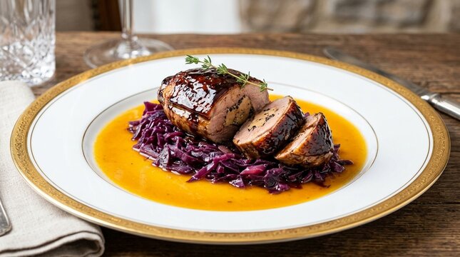 Pheasant Breast Stuffed With Foie Gras And Truffle And Glazed In A Mirror-Like Sticky Dark Reduction - Gourmet Culinary Stock Photo