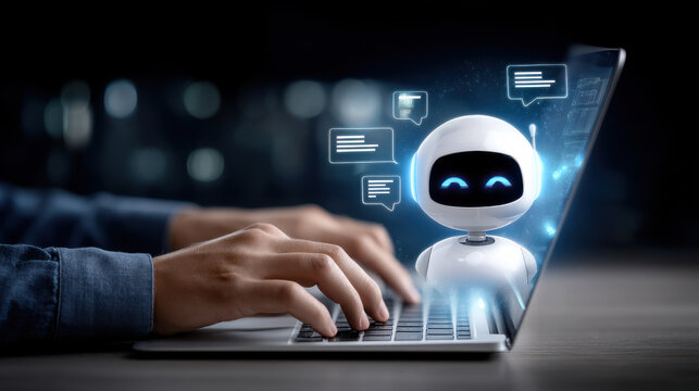 Friendly chatbot avatar assisting with typing and messaging on laptop screen in dim workspace, glowing interface and chat bubbles