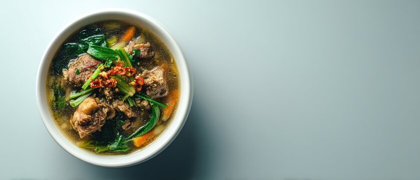 Clear oxtail soup with vegetables and herbs in a white bowl