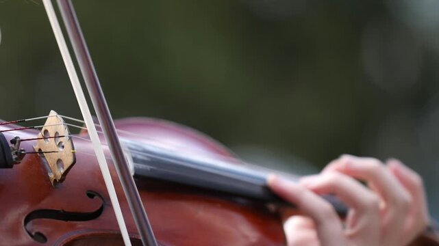 A close up of skilled hands playing a classic wooden violin outdoors. The musician gracefully moves the bow across strings, creating beautiful melodies against a blurred natural background.

