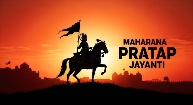 Silhouette of maharana pratap riding a horse with a flag at sunset for the celebration of maharana pratap jayanti
