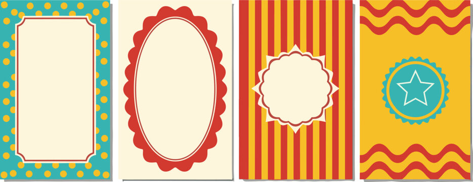 Retro Carnival Circus Label Card Set with Scallop Frame Stripe Wave and Star Badge in Red Teal and Yellow