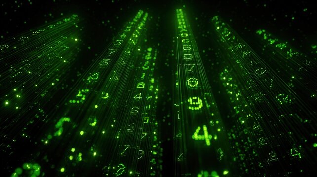 Futuristic digital data stream with glowing green numbers and code falling through darkness