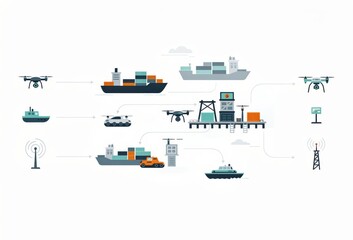 Fototapeta premium Innovative logistics framework illustrating drone, shipping containers, and maritime vessels in a seamless digital communication network optimizing supply chain efficiency