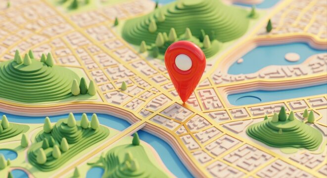 Stylized 3D map with vibrant red pin marking a location on a city grid with surrounding nature