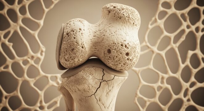 Close-up 3D render of a human knee joint showing porous bone structure and cartilage damage
