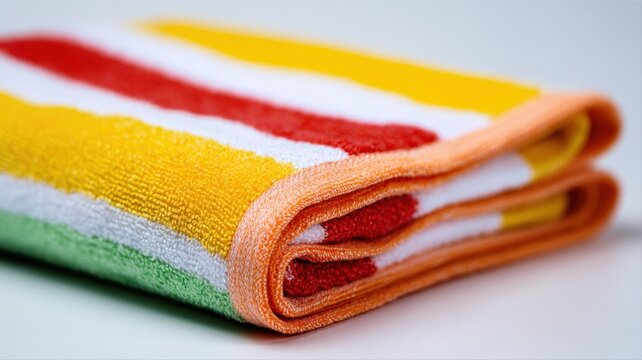 Vibrant Folded Striped Beach Towel with Soft Terry Cloth Texture and Orange Edging