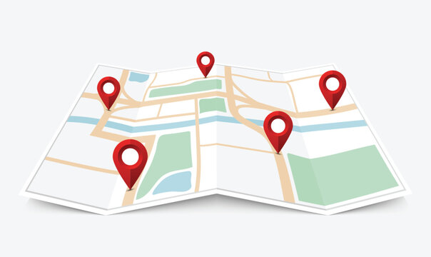Folded paper city map with red pin pointer, vector illustration