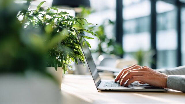 Person typing on laptop in modern office with green plants, natural light, and bright bokeh background