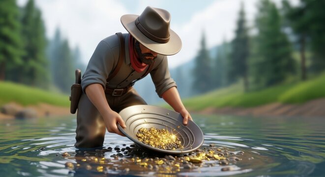 Gold prospector panning for treasure in river 3d render