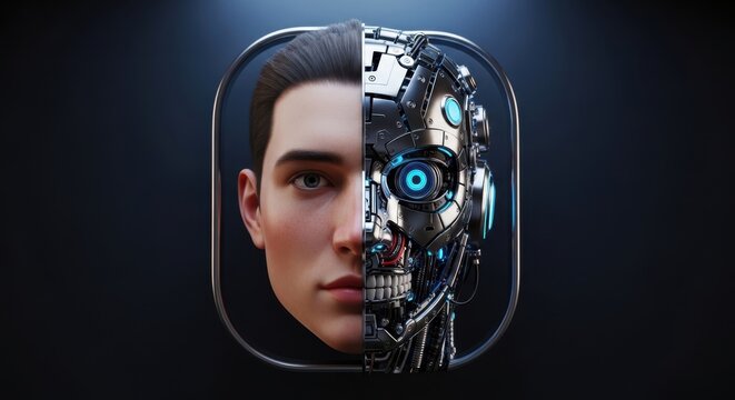 Cyborg human face split with robotic technology 3d render