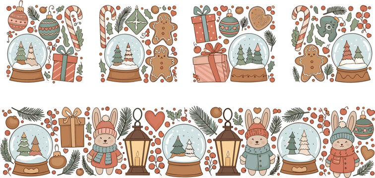 
Vintage Christmas Seamless Border Pattern with Snow Globe Bunny Gingerbread Lantern and Holiday Elements