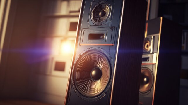 Close-up of tall stereo speakers with warm sunlight illuminating the woofers and tweeters