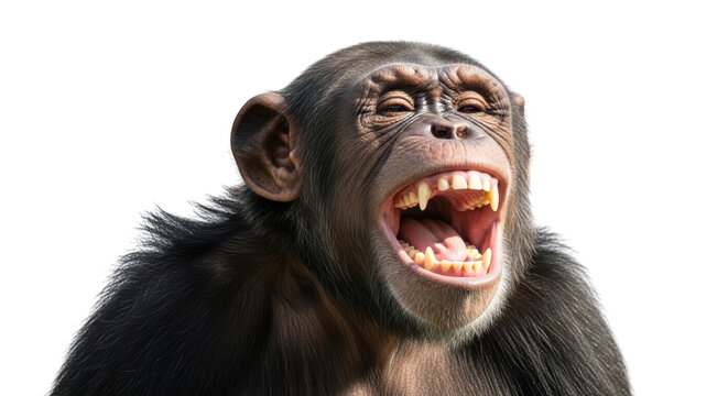 Close up portrait of a chimpanzee with an open mouth showing teeth, expressive primate face with dark fur, isolated on
