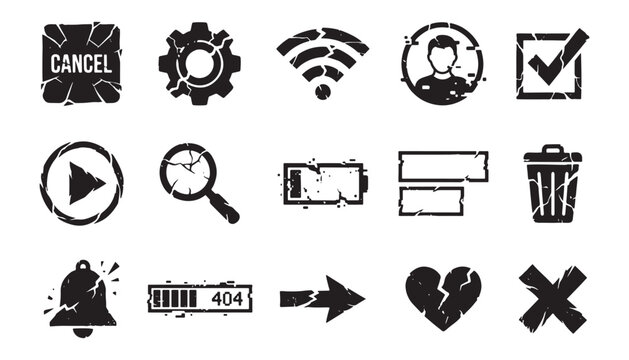 Collection of damaged web symbols including cancel button gear wifi battery and trash can. Distressed technical elements showing error and failure.