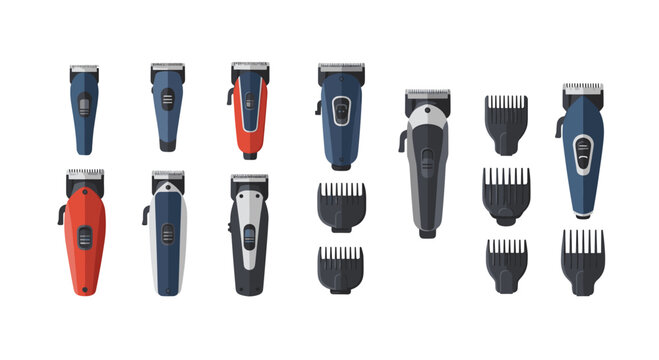 A grid of professional hair clipping machines and detachable plastic guards are displayed in rows against a bright white background with clean flat design aesthetic.