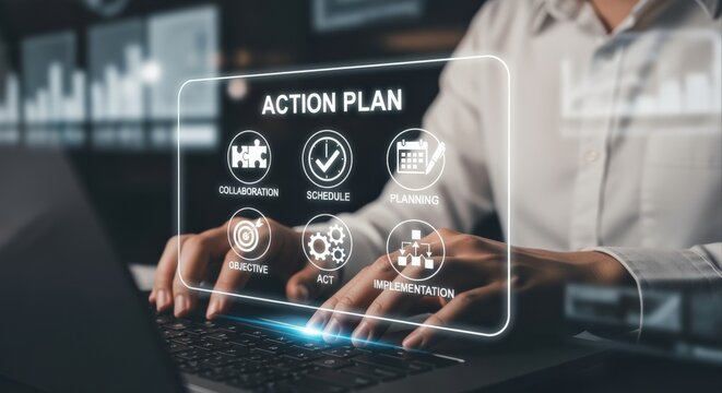 Business professional planning and executing action plan on digital interface with collaboration, objective, schedule, ICT, and implementation icons