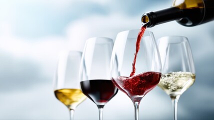 Naklejka premium Pouring Red Wine into Crystal Glass Alongside White Wine Selection with Soft Sky Background