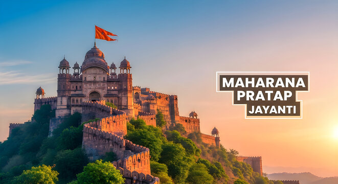 Maharana pratap jayanti celebration with traditional indian fort architecture and orange sunset sky background