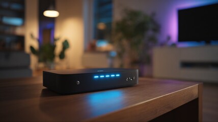 Obraz premium Sleek Modern Media Receiver Device with Blue LED Lights on a Wooden Coffee Table in a Cozy Living Room