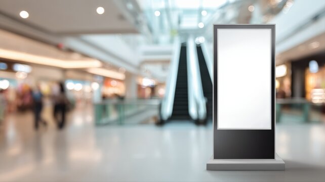 Digital Advertising Screen Displaying Blank Ad Space in a Blurred Shopping Mall Environment
