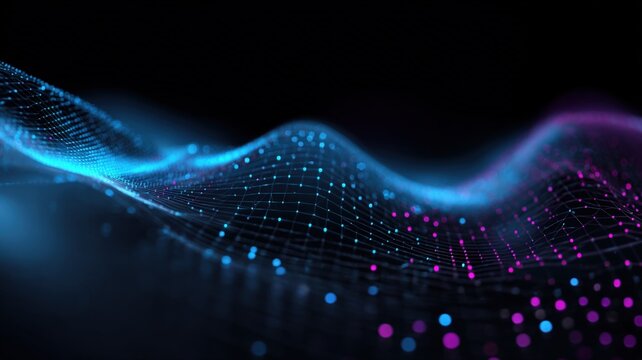 Abstract Digital Data Landscape with Flowing Blue and Purple Glowing Particles on Black Background