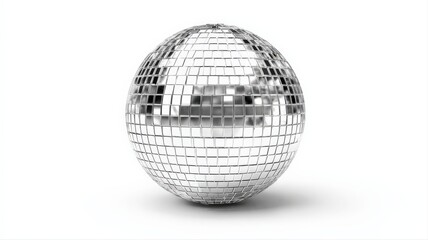 Fototapeta premium Classic Silver Disco Ball Reflecting Light in Studio Against White Background