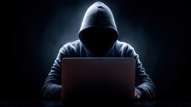 Anonymous hooded figure secretly typing on a laptop in the dark, representing cybercrime and data breach
