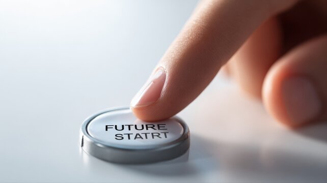 Close-up of a fingertip pressing a button labeled 'FUTURE START' symbolizing new beginnings and forward momentum