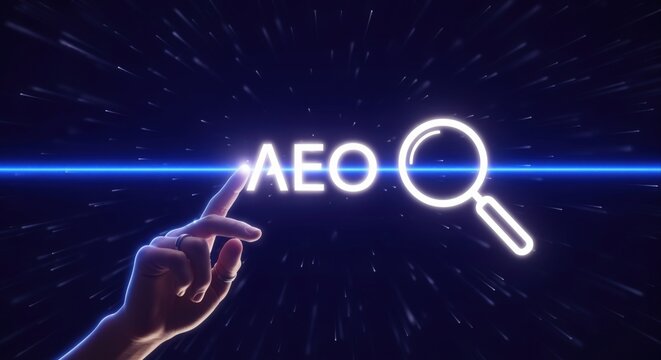 Digital search and analysis concept: finger points to glowing text AEQ with magnifying glass icon on dark, futuristic background