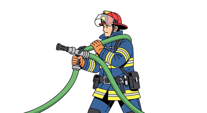 Brave firefighter man holding a fire hose illustration isolated on white background