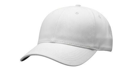 Fototapeta premium Plain white baseball cap with a curved brim and stitched panels, side view of a blank headwear accessory isolated on