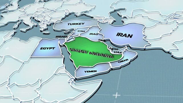 a stylized 3D map highlighting Saudi arabia, Middle East, Saudi arabia map, middle east countries,