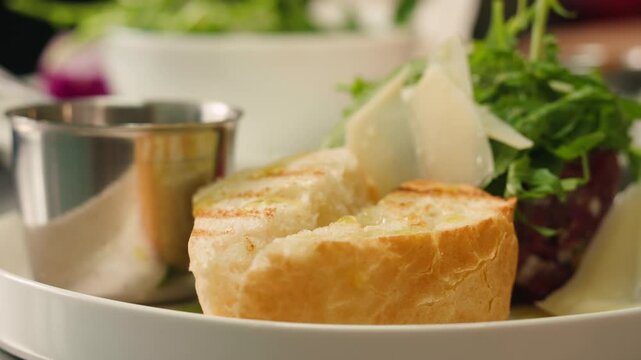 Fish sandwich foccacia with prawns, delicious homemade spicy shrimp sandwich with lettuce, tomato, and tartar sauce.