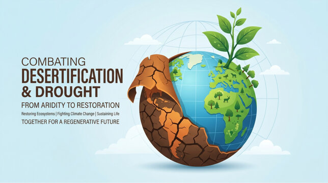 Climate restoration concept with earth showing cracked dry surface transforming into green growth symbolizing fight against desertification for environment protection campaign