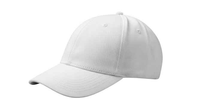 Plain white baseball cap with a curved brim, cotton fabric texture, side view of a blank headwear accessory isolated on