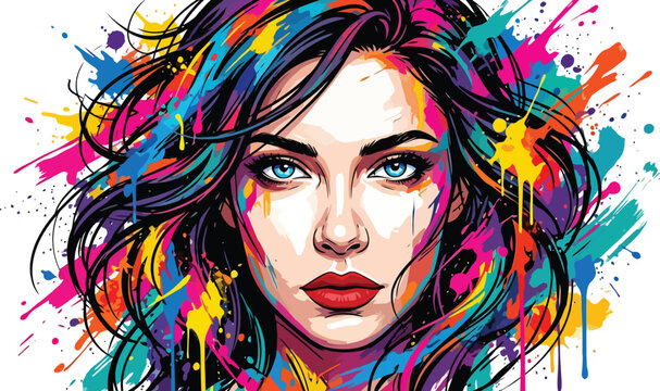 Artistic Woman: A captivating portrait of a woman with vibrant, multicolored splashes merging into her hair and face, an ode to the colorful symphony of art.
